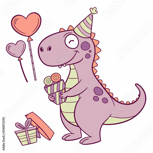 Delightful Funny Trex dinosaur in a Birthday scene with holding a heart – Candy Shop vector illustration