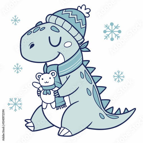 Frosty Winter colored Trex dinosaur with a Relaxed touch, placed in a Cozy winter theme and styled with with a stuffed animal