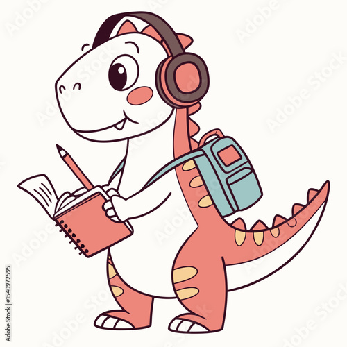 Cute Cheerful Trex dinosaur, accessorized with wearing headphones, in a Back to school world – Chalkboard Fun palette vector