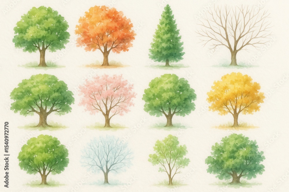 Fototapeta premium Watercolor tree collection featuring diverse botanical specimens on white background for design resources