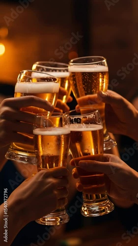 Group of friends clinking beer glasses, celebrating and toasting with bubbly golden lager at a pub or bar, cinematic footage.