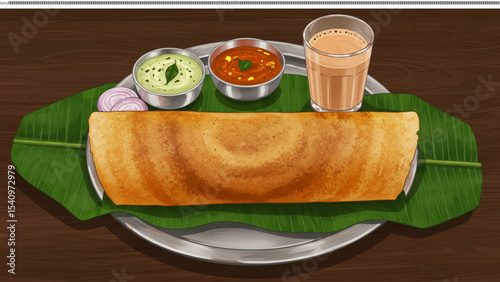 South Indian Masala Dosa: A delicious South Indian Masala Dosa served on a banana leaf with sambar, chutney, and a glass of masala chai.