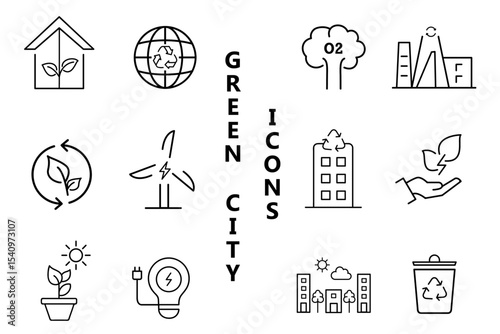 Green city line stroke icons set. Environmental, green energy, zero waste, use bike, bio filter, sustainable development, autonomous building, air water quality. Editable vector illustration