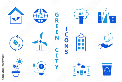 Green city solid flat icons set. Environmental, green energy, zero waste, use bike, bio filter, sustainable development, autonomous building, air water quality. Editable vector illustration