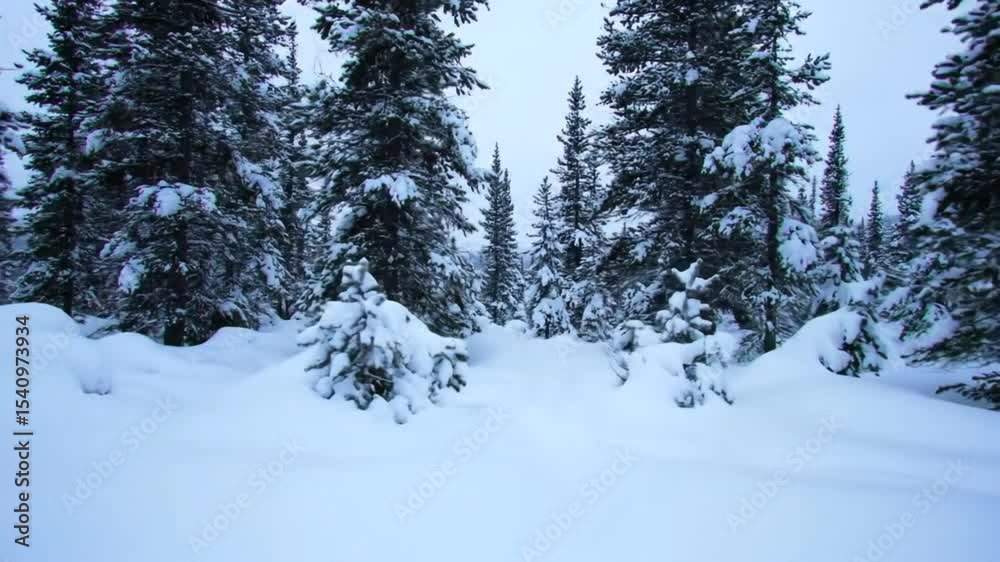 Winter scene showing snow covered ground and evergreen trees in a forest setting Winter scene showing snow covered ground and evergreen trees in a forest setting
