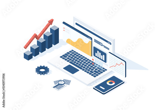 Isometric laptop displaying graphs, charts, and dashboards surrounded by data tools, representing financial growth, analysis, and digital reporting.