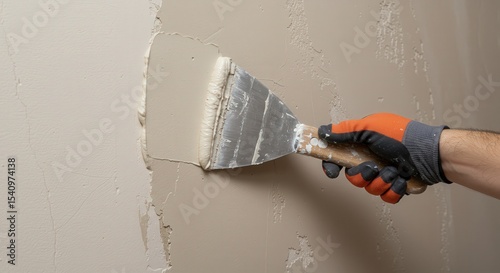 Hand applying plaster on wall with putty knife indoors  