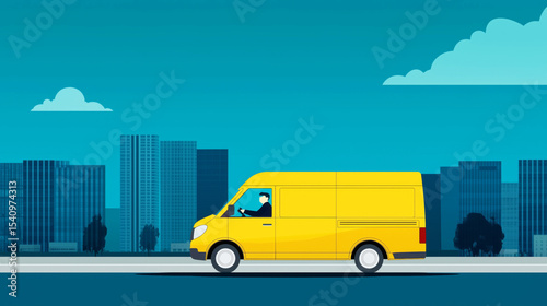 Yellow delivery van driving in urban setting with blue sky and skyscrapers