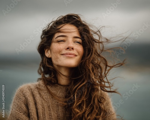 Smiling Woman with Windblown Brown Hair and Freckles