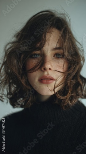 Portrait of a Young Woman with Brown Curly Hair and Freckles