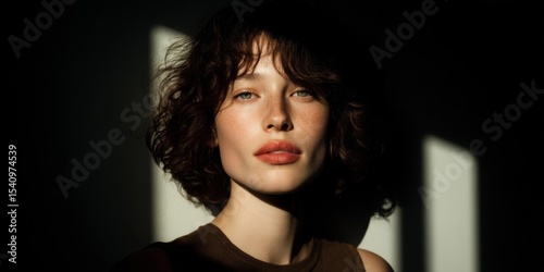 Portrait of a Young Woman with Curly Brown Hair and Freckles in Dramatic Light