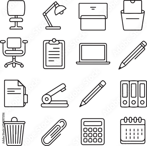 Office Supplies and Equipment Icons A Collection of Line Art Graphics