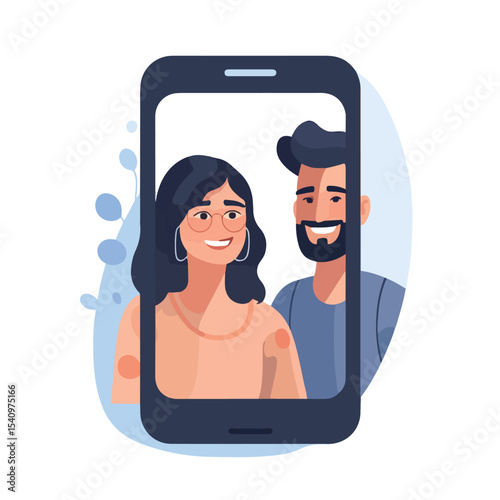 Professional vector illustration of a man videocalling with woman characters