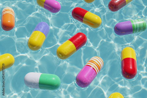 Colorful capsules floating in clear blue water create a striking visual contrast in a tranquil setting