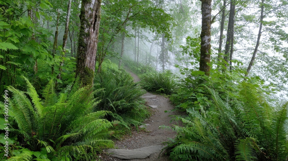 Obraz premium Forest path lined with ferns and morning mist for fresh trail run vibe