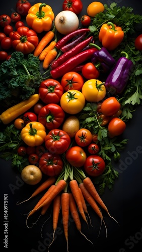 A stunning arrangement of fresh, colorful vegetables including tomatoes, peppers, carrots, and herbs.  Perfect for healthy eating, farm-to-table concepts, and vibrant food photography.