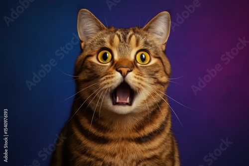 Curious tabby cat with wide eyes and open mouth expression captured in studio portrait against colorful backdrop
