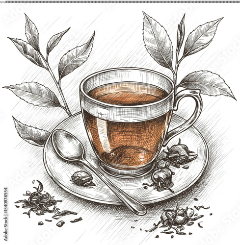 Hand-Drawn Illustration of a Cup of Tea with Tea Leaves