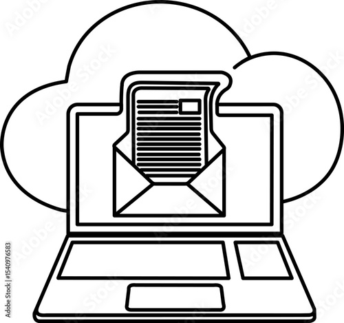 Line-style laptop icon with cloud and email elements, suitable for home office interfaces, cloud workflows, or digital communication visuals.