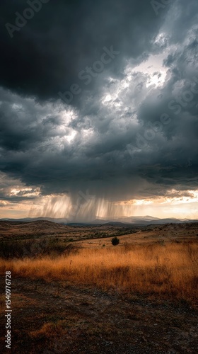 High-Quality Stock image of dramatic stormy sky with dark clouds and heavy rain pouring down over a landscape.