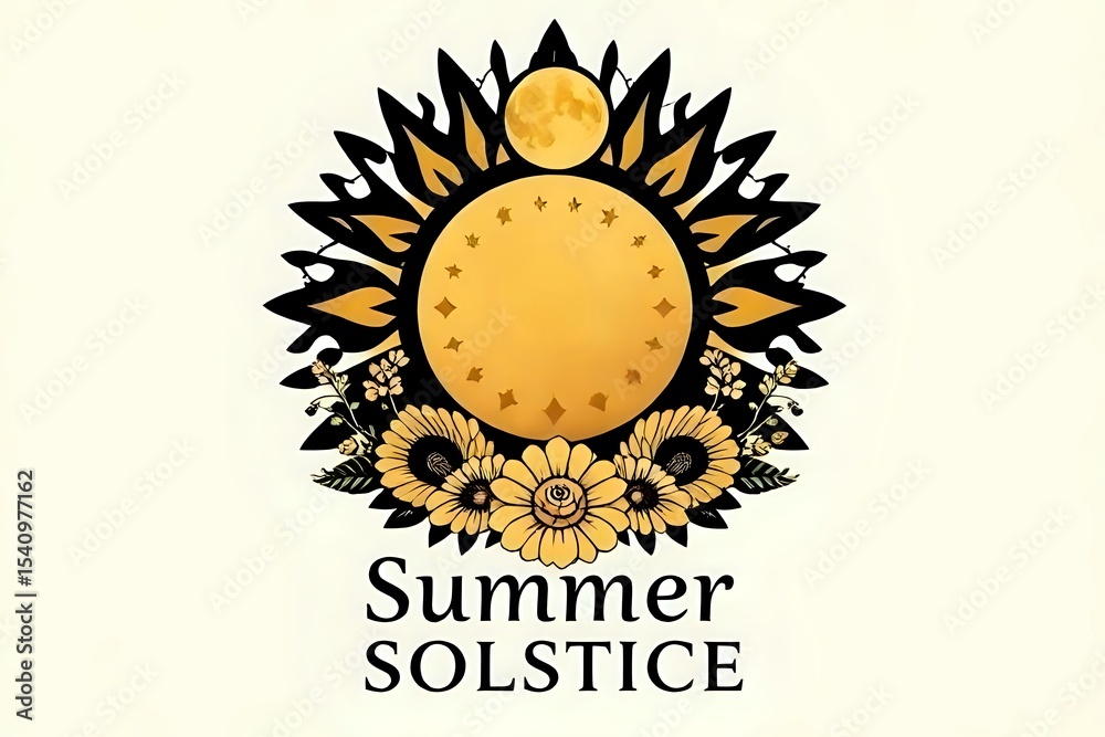 Fototapeta premium Boho Sun Icon with Moon Phases, Floral Elements, and 