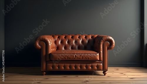 A brown leather chesterfield chair against a dark wall and wooden floor