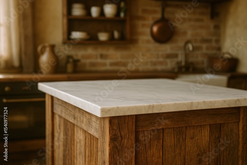Rustic reclaimed wood kitchen island with marble countertop featuring empty space for product placement against softly blurred farmhouse kitchen background