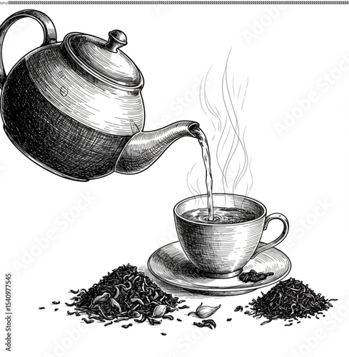 Engraving Illustration of Tea Brewing Kettle Pouring into Cup with Loose Leaf Tea