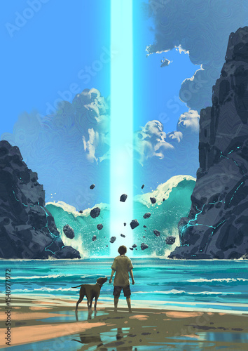 A boy and his dog stand on a quiet beach as a powerful glowing beam of blue light shoots down from the sky, illuminating the cliffs and ocean with floating debris, digital art style, illustration pain