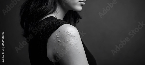 29 year old East Asian female standing against a solid backdrop presenting hidradenitis suppurativa nodules under her arm with a stipple engraving overlay illustrating follicular occlusion