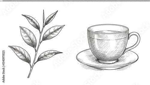 Hand-Drawn Illustration of Tea Leaves and Cup A Perfect Blend of Nature and Relaxation