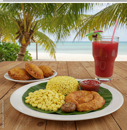 Tropical Beach Food Platter Savory Pastries, Rice, and Refreshing Juice