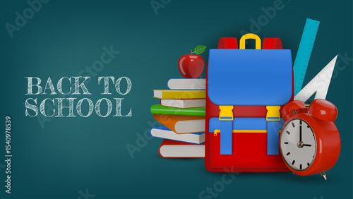 back to school banner with 3d stack of books, backpack and alarm clock