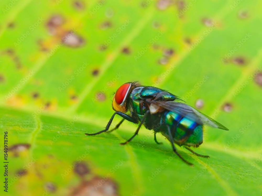 Naklejka premium Vibrant Green Fly on Leaf: A Close-Up Macro Photograph