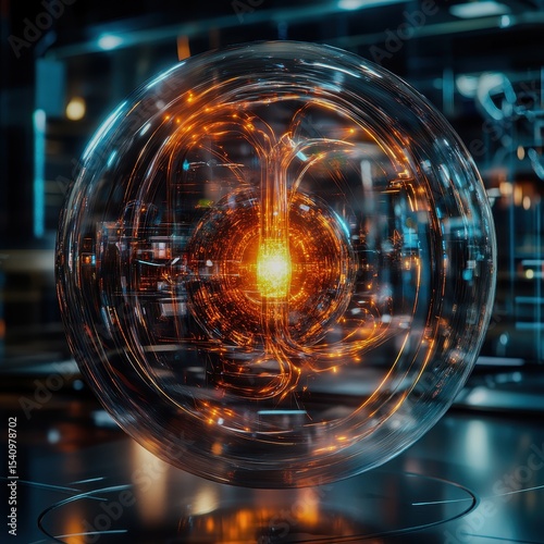 A nuclear fusion plant designed as a glass orb, AI cores stabilizing reactions while absorbing CO, investors peering into its core