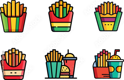 Fries Icon Set | Colorful Flat Vector Fast Food Icons with Black Outline