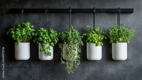 Five potted herbs hang from a dark gray metal bar