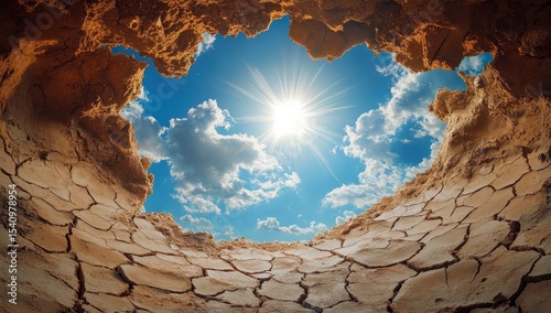 Dry, cracked earth, sunlit sky.  Cave-like opening
