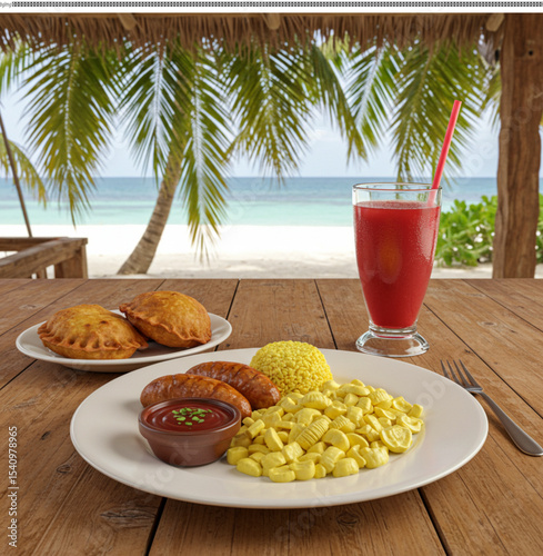 Tropical Beachside Lunch Savory Sausages, Couscous, and Pastelitos