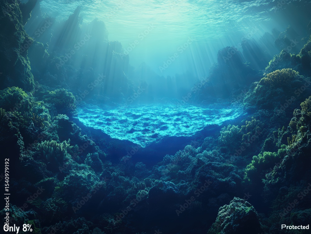 Fototapeta premium Sunlight penetrates deep underwater, illuminating a vibrant coral reef surrounded by rocky formations.