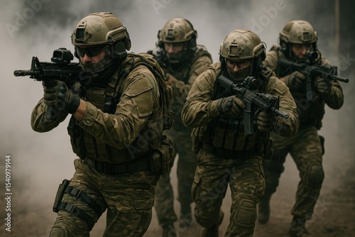 Military tactical team advancing forward with modern warfare equipment and strategic coordination