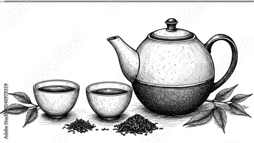 Hand-Drawn Illustration of Teapot and Teacups with Loose Leaf Tea