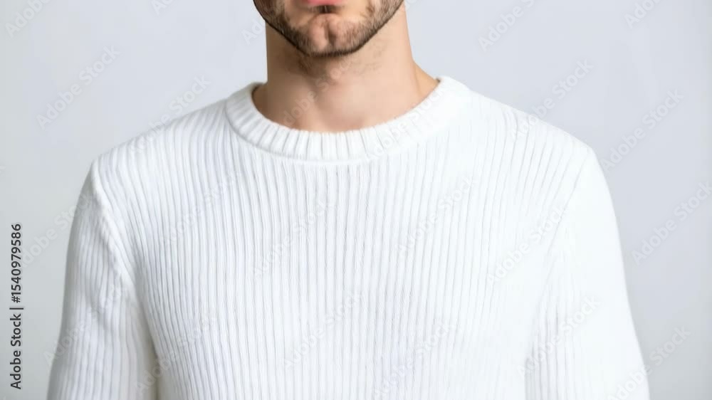 Young man with stubble looking intensely towards camera wearing a white cable knit sweater against a solid white backdrop in a studio shot