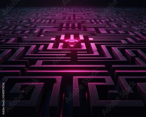 A dark maze illuminated by pink neon light highlights a glowing Wi-Fi symbol at the center, symbolizing connectivity amid complexity.