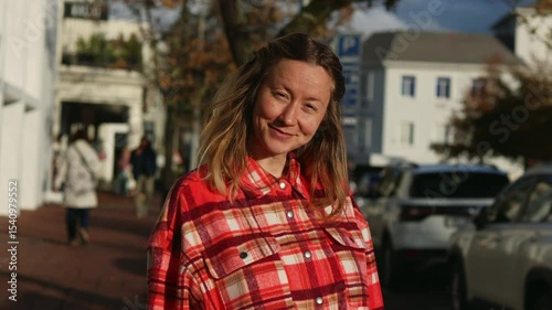 Wallpaper Mural Woman in Plaid Shirt at the Autumn City Street Torontodigital.ca
