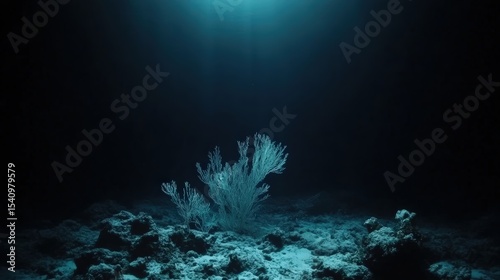 A solitary coral formation illuminated by a ray of light on the dark ocean floor, creating a mysterious underwater scene.
