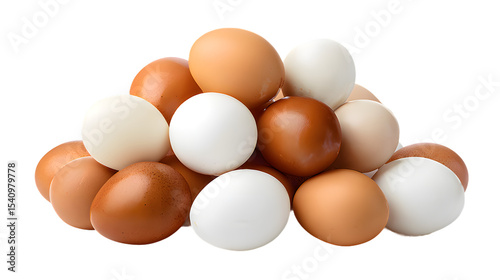 Pile stack heap of white and brown eggs isolated on white or transparent  background.