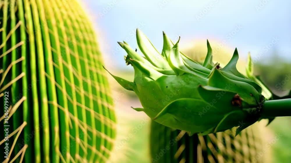 Close-up shot of a developing green dragon fruit on its cactus with sunlight illuminating the exotic plant in nature.