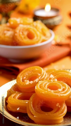 Close-up of Jalebi Dessert in a White Bowl with an Orange Napkin and a Candle on an Orange Background