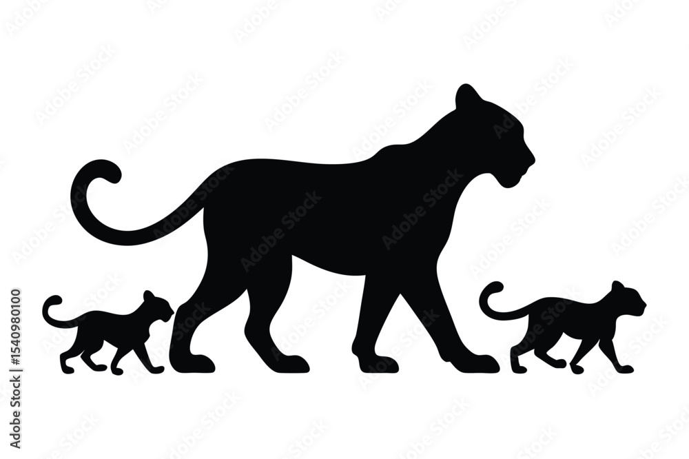 Fototapeta premium Silhouette of a cheetah and cubs walking together vector illustration.